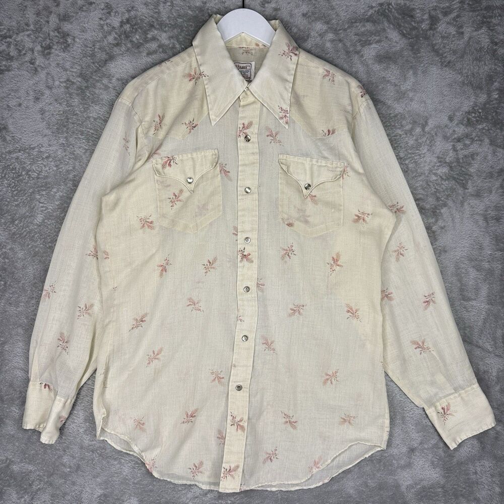 Vtg 70s H Bar C Shirt Mens XL Floral Print Pearl Snap Western AOP Paper Thin USA